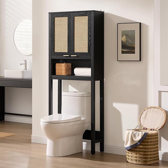 SICOTAS Over The Toilet Storage Cabinet with Rattan Door, Freestanding Bathroom Organizer with Adjustable Shelf, Space Saver Cabinet for Bathroom, Laundry Room, Restroom