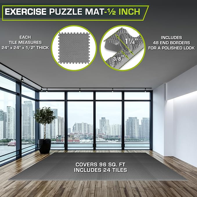 ProsourceFit Exercise Puzzle Mat 1/2-inch, EVA Interlocking Foam Floor Tiles for Home Gym, Workout Equipment, Kids Play Areas, Gray, 96 SQ FT - 24 Tiles