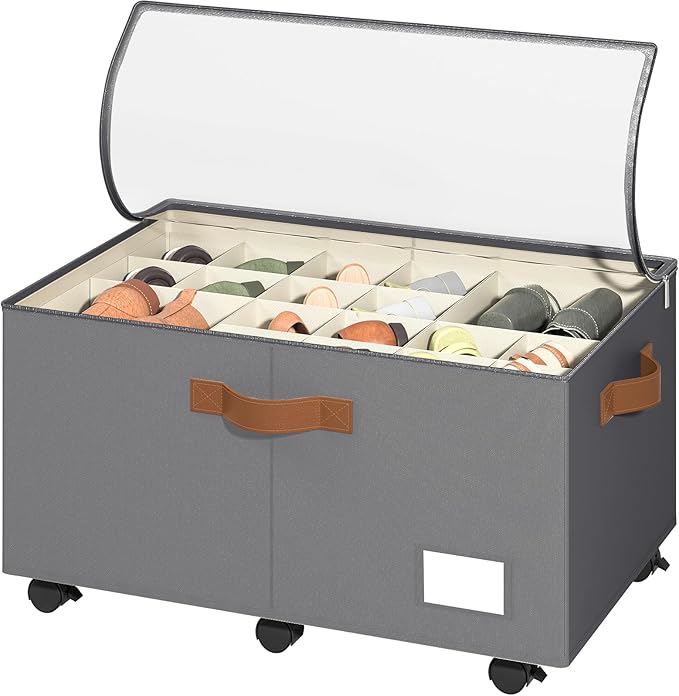 Foyego Shoe Organizer for Closet, Shoe Storage Organizer with Wheels and Adjustable Dividers, Stackable Shoe Storage Box with Clear Cover, Foldable Closet Shoe Organizer Fits up to 24-48 Pairs, Gray