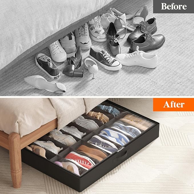 Lifewit Under Bed Shoe Storage Organizer 1 Pack(14 Shoes Cells), 4.3 Inches Profile Fabric Shoes Container Box with Clear Cover, Foldable Storage Bag with 2 Handles, Fits 7 to 14 Pairs