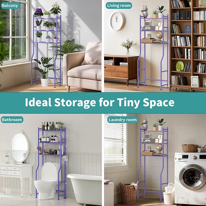 3-Tier Over The Toilet Storage Organizer, Space-Saving Bathroom Rack with Paper Holder & 4 Hooks, 64" Tall Freestanding Carbon Steel Shelf for Small Apartment Laundry Room (Purple)