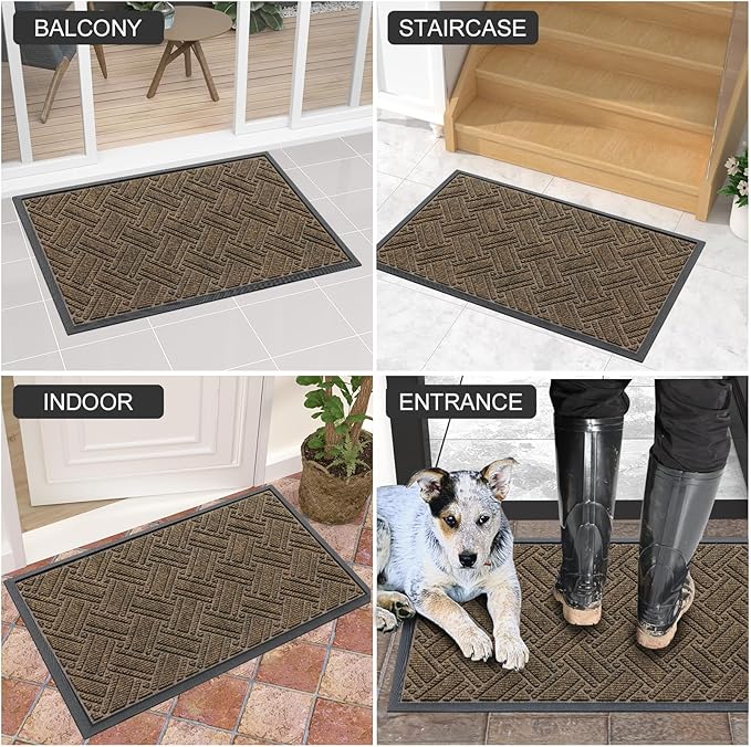 OLANLY Indoor Outdoor Mat, Sturdy Natural Rubber Floor Mat, Non Slip Low Profile Waterproof Doormat, and Stain Front Door Mats, Easy Clean Patio Entrance Mat, 48''x32'', Brown