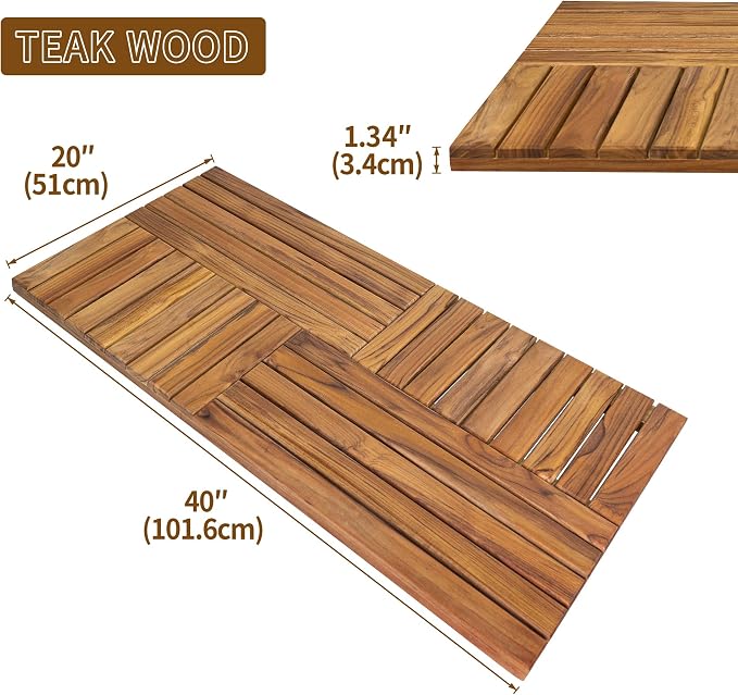 Utoplike Teak Wood Bath Mat, Extra Large Shower Mat for Bathroom, 40 x 20 inch Non Slip Wooden Floor Sturdy Mat for Inside Shower Luxury Spa Home or Outdoor