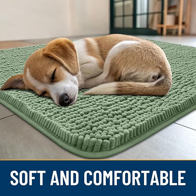Smiry Dog Door Mat for Muddy Paws 71x46, Absorbent Dirt Trapper, Non-Slip Washable Chenille Entryway Rug for Inside Floor, Olive Green, Classic Solid