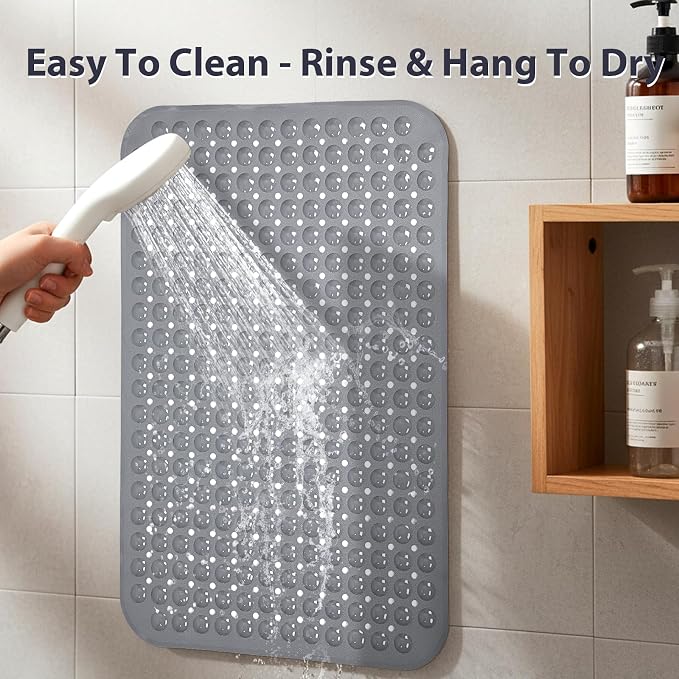Grey Bathtub Mat Shower Mat Non Slip 17x30 Inch Standard Size, Soft Bubble Bath Tub Mat Shower Mats for Inside Shower Bathroom Floor Mat with Big Suction Cups & Drain Holes, BPA-Free