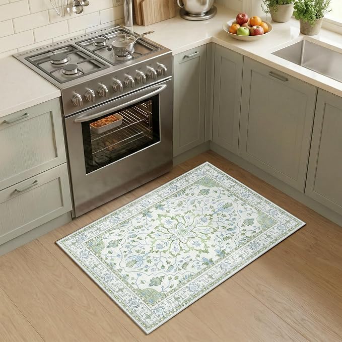 RELEANY Area Rugs Small 2'x3' Washable Non-Slip, Floral Vintage Distress Medallion Carpet for Kitchen Entryway Bathroom, Green White Blue