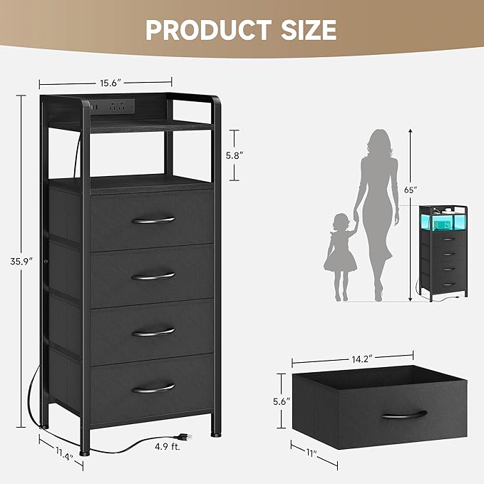 Lazzanto Night Stand Bedside Table Bedroom - Tall Nightstand with Charging Station & LED Light Strip, Bed Side Table with Storage Shelf & 4 Fabric Drawers, 2 U-S-B Ports & 2 AC Outlets