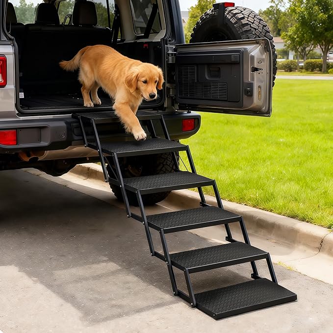 Foldable Dog Car Steps - Upgraded Non-Slip Pet Stairs for Large Dogs, Portable Metal Frame Dog Ramps for High SUV, Truck and Cars, Lightweight Pet Ladder with High Load-Bearing Capacity (6 Steps)