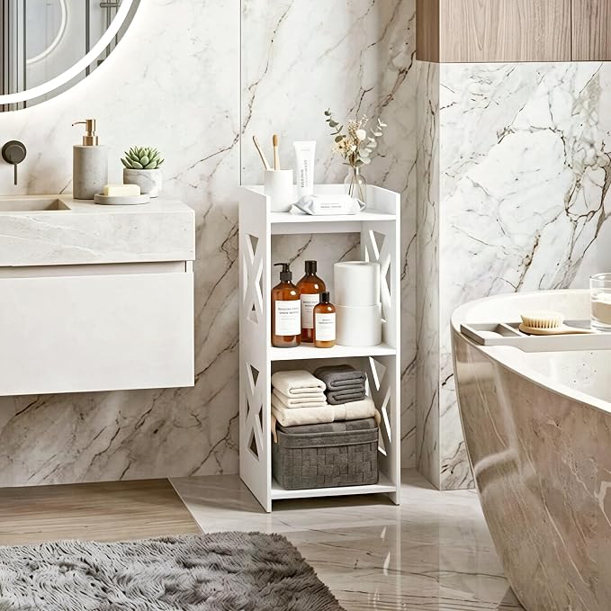 Small Bathroom Storage Corner Shelf, Waterproof PVC Narrow Floor Stand, Slim Gap Filler Organizer for Toilet Side, Laundry Room, Shower, Kitchen Spice Rack, White Restroom Holder (3-Tier)