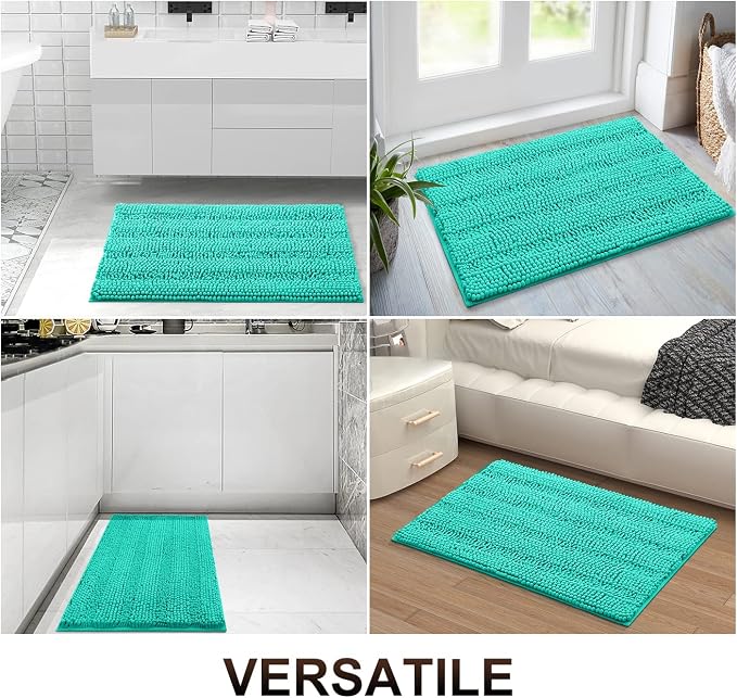 Grandaily Chenille Striped Bathroom Rugs 70x24, Extra Thick and Absorbent Bath Mats, Non-Slip Soft Plush Shaggy Shower Carpet, Machine Wash Dry, Bath Rug for Bathroom, Teal