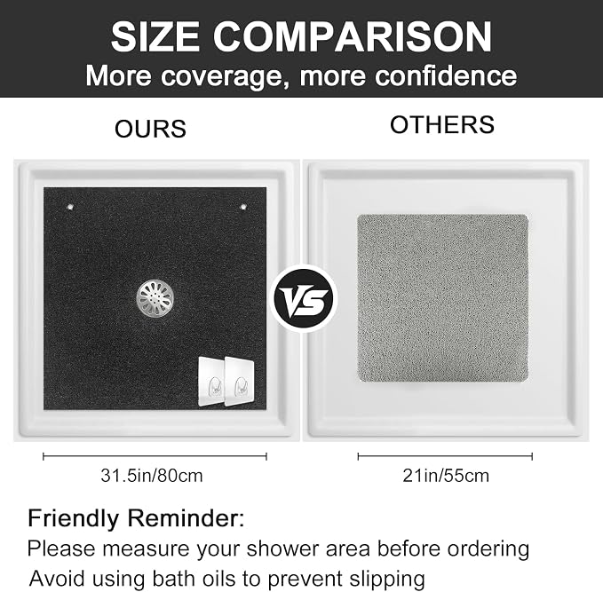 Extra Large Square Shower Mat for Inside Shower, 32 x 32 Inch Shower Floor Mat with Center Drain Hole, Designed for Walk-in Showers, Non-Slip Loofah Mat with Wide Coverage for Stable Standing