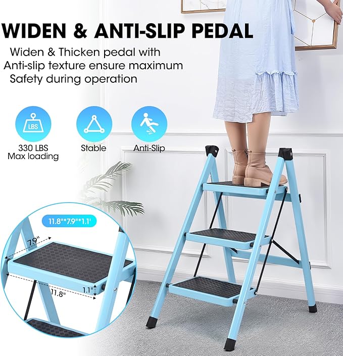 3 Step Ladder, Folding Step Stool for Adults, Lightweight Aluminum Step Ladder, Portable 330 LBS Capacity Ladders for Home Kitchen Library Office, Small Step Stools with Anti-Slip Wide Pedals, Blue
