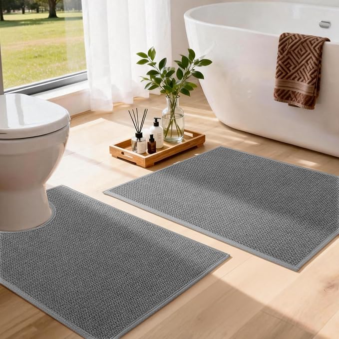YIHOUSE Dark Gray Bathroom Rugs with Toilet Rug, Quick Dry Thin Bath Mat Sets 2 Piece, Non Slip Absorbent Machine Washable, Bath Rugs for Tub Sink Home Decor (17"x24" + 17.5"x24" U-Shaped)