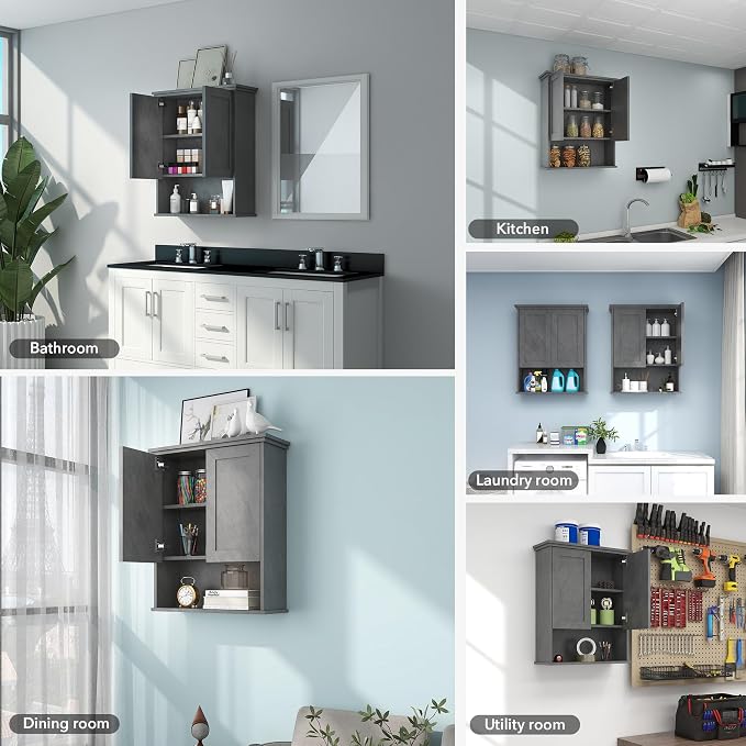 VANIRROR Bathroom Wall Cabinet Over Toilet Storage Cabinets 25x30 in Above Toilet Wood Medicine Cabinets for Bathroom Wall Mounted Cabinet with 2 Door & Adjustable Shelf Texture Grey
