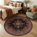 RELEANY Area Rugs Round 4ft Washable Non-Slip, Floral Vintage Distress Medallion Carpet for Living Room Bedroom Dining Room, Red Black