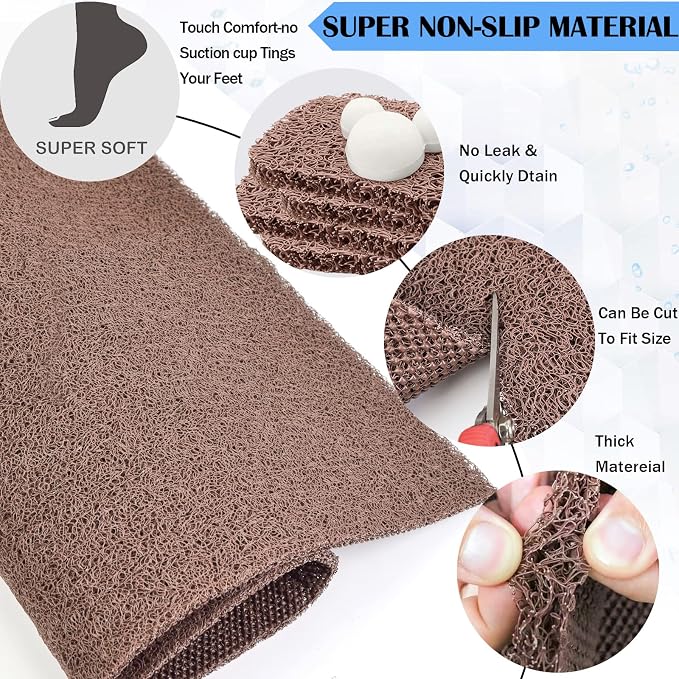 godehone Shower Mats Non Slip Without Suction Cups, PVC Loofah Bathroom Mats, Loofah Mats for Shower and Bathroom, Quick Drying, 23.6× 34.6 Inch, Brown