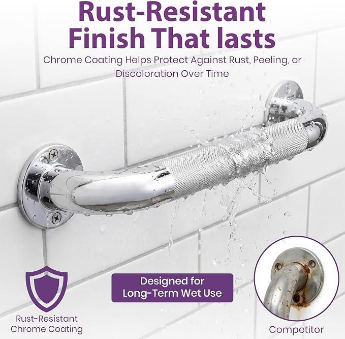 18 Inch Grab Bars for Bathtubs and Showers - Chrome Knurled Bathroom Safety Rail Handle - Non Slip Textured Grip Handicap Grab Bar for Seniors, 250 lbs Weight Support Capacity