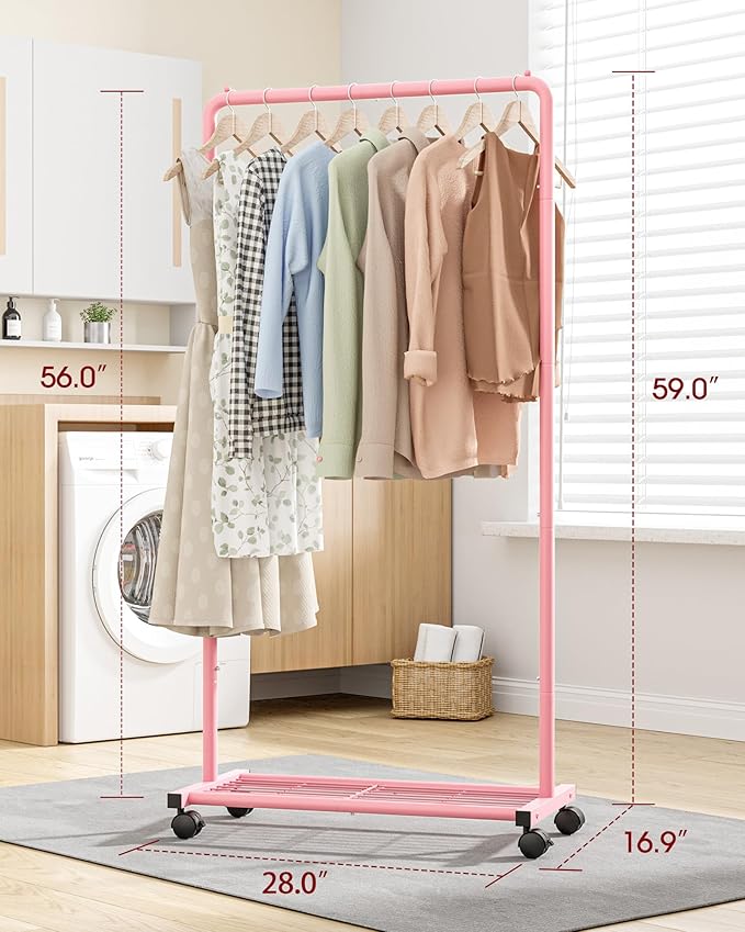Sakugi Clothes Rack - Clothing Rack with Storage Mesh Shelf & Casters, Heavy-Duty Metal Clothing Rack for Hanging Clothes, Dresses, Coats, Large Load Capacity, Easy Assembly, Pink, 28.0"x16.9"x59.0"