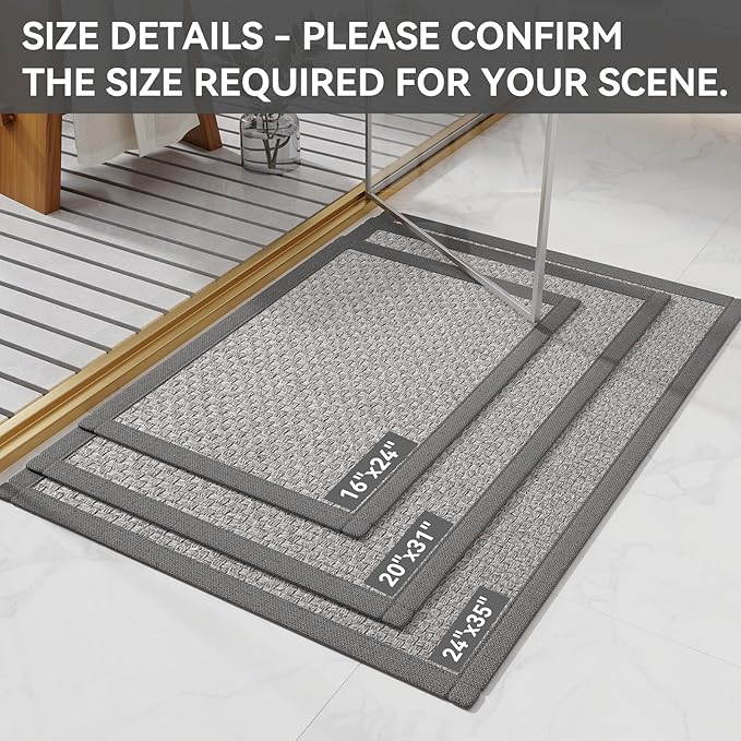 YDKGL Non Slip Bath Mat Bathroom Rugs, Soft Jute-Like Ultra Thin Bath Mats, Rubber Backing Super Absorbent Quick Dry Bath Rug Shower Mat Fit Under Door Bathroom Floor, Machine Washable, Gray 16" x 24"