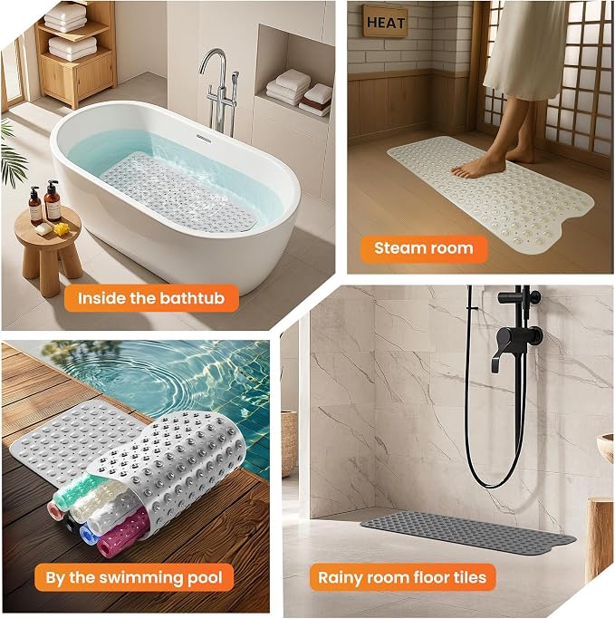 Non-Slip Bath Tub Mat, 39x16 Inch Extra Large Shower Mat with Drain Holes & Suction Cups, Machine Washable, Clear