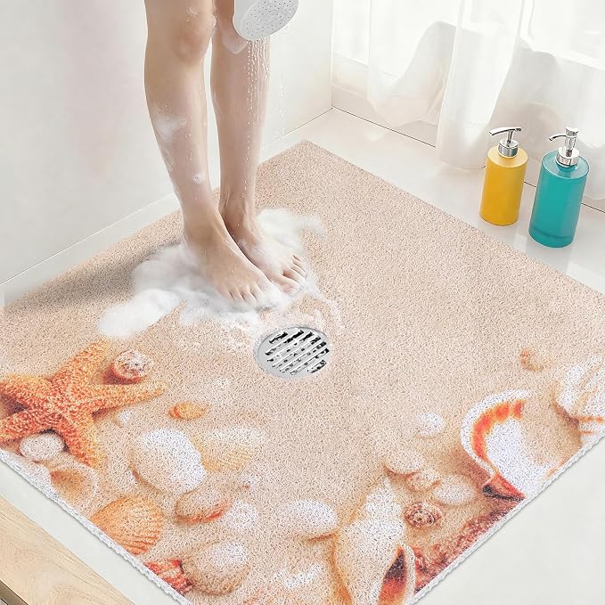 Square Shower Mat Non Slip: 24x24 Inch Extra Large Shower Mats with Drain Hole in Middle -Anti Slip Shower Mats for Inside Shower -Loofah Shower Floor Mat Bath Mat for Shower Stall Bathtub Elderly