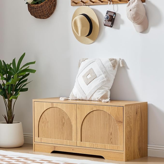 BERRYMERRY 39.4" Fluted Shoe Storage Bench for Entryway,2 Tier Shoe Cabinet Bench with Adjustable Shelf,Bench for Bedroom End of Bed (Natural, 13.8”D x 39.4”W x 18.5”H)