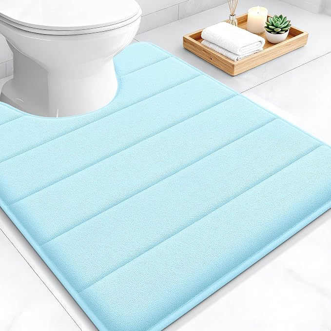 OLANLY Memory Foam Toilet Rugs U Shaped 24x20, Super Soft Absorbent Contour Bath Rugs, Quick Dry, Machine Washable Toilet Mat, Bathmat Floor Carpet, Bathroom Home Decor Accessories, Sky Blue