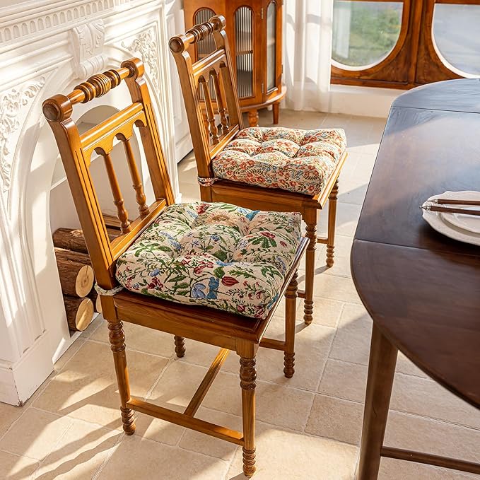 vctops Farmhouse Floral Print Chair Cushions with Ties U-Shaped Soft Comfortable Chair Pads Non Slip Seat Cushions for Indoor Dining Room and Kitchen Chairs (Flower H,18"x18")