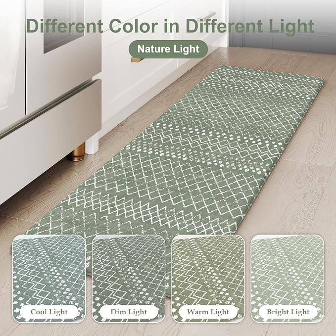 KIMODE Kitchen Mats for Floor Anti Fatigue Green Boho Kitchen Rugs Sets of 2 Cushioned Kitchen Floor Mats Comfort Standing Mat Geometric Laundry Room Rug for Bathroom Sink Office Desk 17"x47"+17"x29"