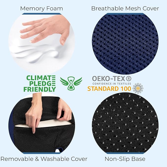 5 STARS UNITED Seat Cushion - Memory Foam Chair Cushion for Tailbone Pain Relief - Ergonomic Support for Coccyx, Sciatica & Butt - Office, Desk & Gaming Chair, Car Seat, Wheelchair, Blue Mesh