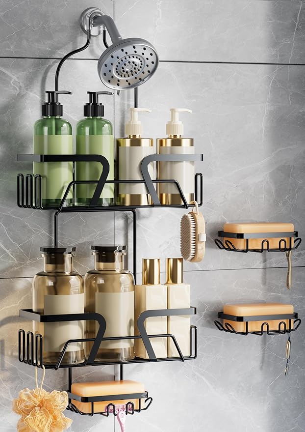 DAOYA Shower Organizer, No Drilling Over Shower Head Caddy with 2 Soap Dish, Rustproof Bathroom Storage Rack for Shampoo Conditioner Soap, Quick-Dry Drainage