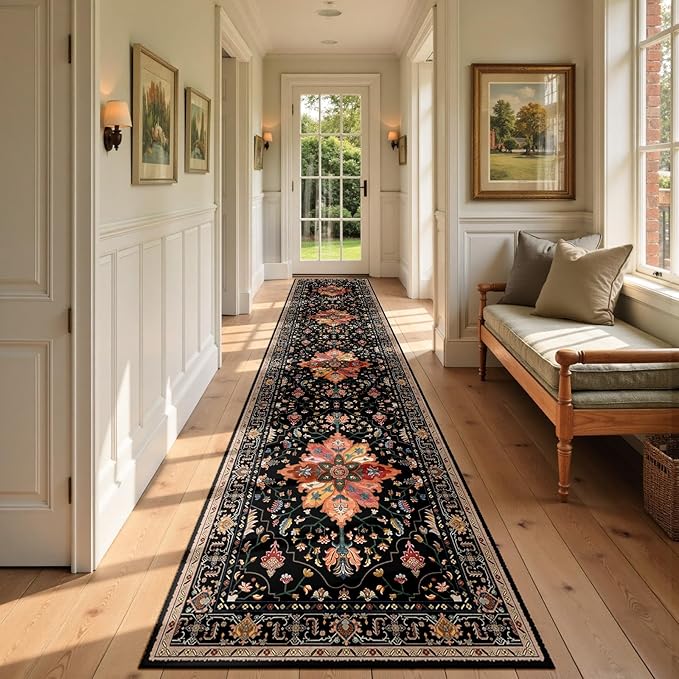 RELEANY Area Rugs Runner 2'x9' Washable Non-Slip, Floral Vintage Distress Medallion Carpet for Kitchen Hallway Bedroom Beside Laundry Room Bathroom, Black Colorful Floral Dark Tan