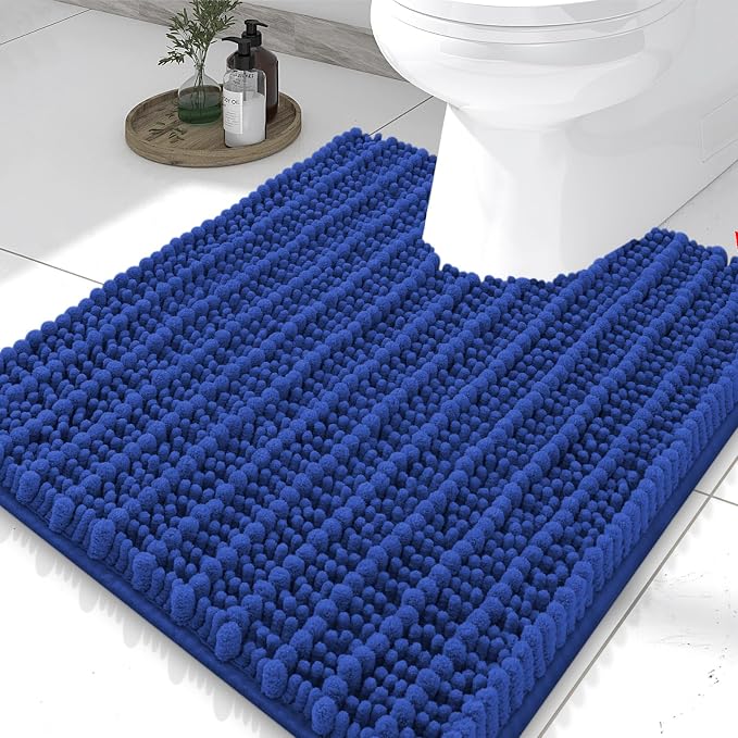 Smiry Bathroom Toilet Rugs U Shaped 24x20, Extra Soft Absorbent Non Slip Rubber Backing Chenille Contour Bath Rugs for Toilet, Machine Washable Contoured Bath Mats, Royal Blue