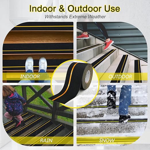 S&X Grip Tape for Stairs 4 Inch x 60 Ft, 2X Longer Heavy Duty Anti Slip Traction Tape with Reflective Strip, Outdoor Non Slip Stair Tread Non-Skid Safety Tape, Long-Lasting