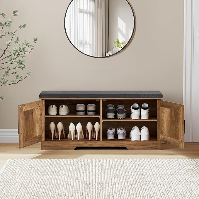 HOMSHO 2-Tier Storage Bench, 39.4" Wide Shoe Bench with Padded Seat Cushion, Entryway Bench with 2 Barn Doors and Adjustable Shelf, Rustic Walnut