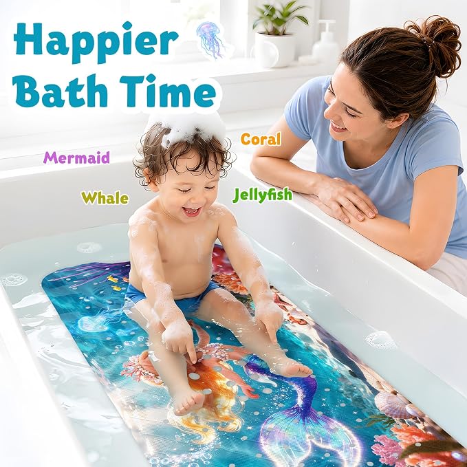 XIYUNTE Baby Bath Mat for Tub Non Slip Kids, BPA Free Extra Long Bathtub Mat 40x16 with Drain Holes and 200 Suction Cups, Non Toxic Machine Washable Toddler Bath Mat, Eco-Friendly Certified