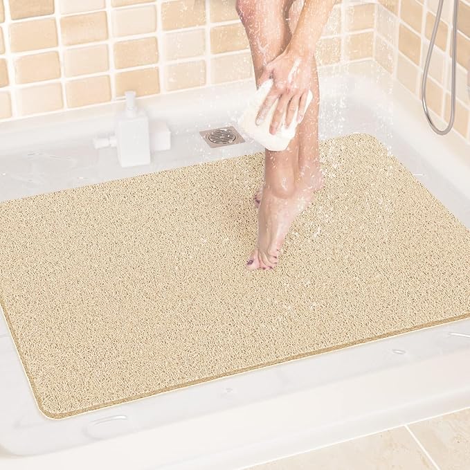 LuxStep Shower Mat Bathtub Mat,24x32 inch, Non-Slip Bath Mat with Drain, Quick Drying PVC Loofah Bathmat for Tub,Shower,Bathroom (Phthalate Free,Khaki)