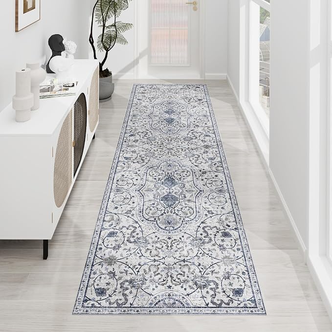 SALLOUS Floor Mat for Home, 5' x 7' Waterproof Area Rug for Living Room, Vinyl Area Rug for Bedroom, Slip Resistant Hard Floor Protector Mat for Kitchen, Bathroom, Entryway (Grayish Blue Bohemian)
