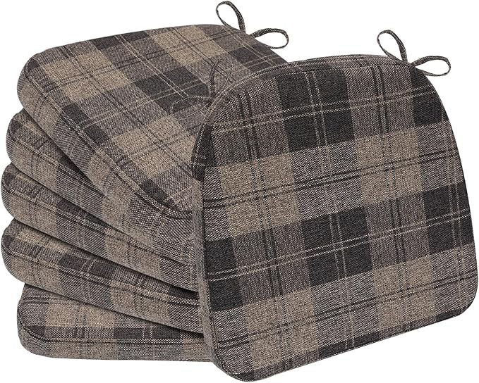 AAAAAcessories D-Shaped Chair Cushions, 2" Thick Dining Chair Pads with Ties and Removable, Machine-Washable Cover, 17" x 16", Set of 6, Brown Checkered