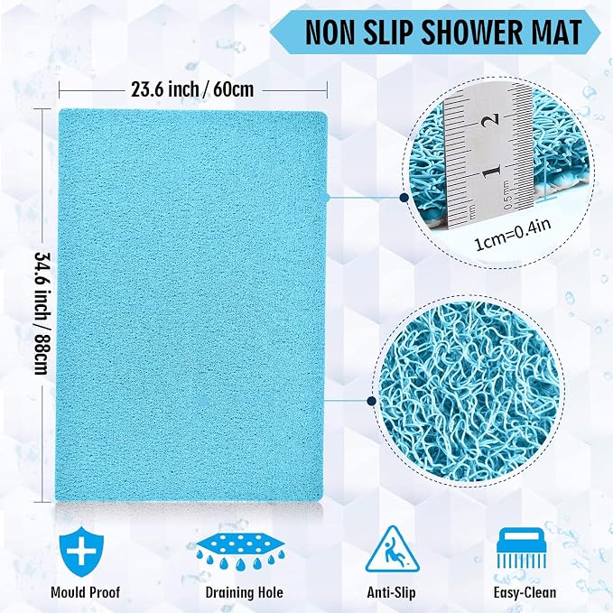 godehone Shower Mats Non Slip Without Suction Cups, PVC Loofah Bathroom Mats, Loofah Mats for Shower and Bathroom, Quick Drying, 23.6× 34.6 Inch, Turquoise Blue