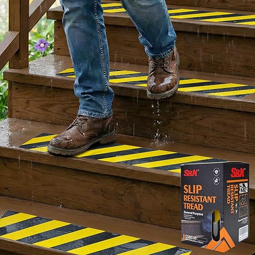 S&X S680 Anti Slip Stair Treads 6" x 30", 10-Pack Pre-Cut Black/Yellow Caution Non Slip Safety Tape Strips for Outdoor Stair Treads, Wooden Steps & Exterior Grips
