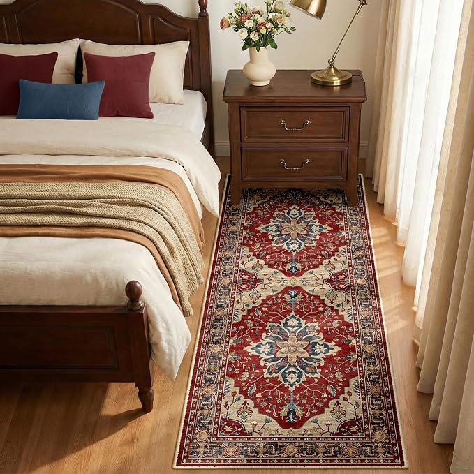 RELEANY Area Rugs Runner 2'x5' Washable Non-Slip, Floral Vintage Distress Medallion Carpet for Kitchen Hallway Bedroom Beside Laundry Room Bathroom, Red Blue