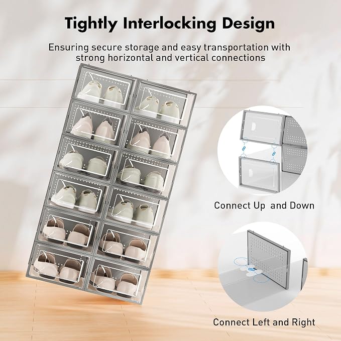 Foluck Shoe Storage Box, 15 Pack Clear Plastic Stackable Organizer for Closet, Interlocking Design Shoes Container Bins for Sneakers, Foldable Shoe Rack with Lids, Grey