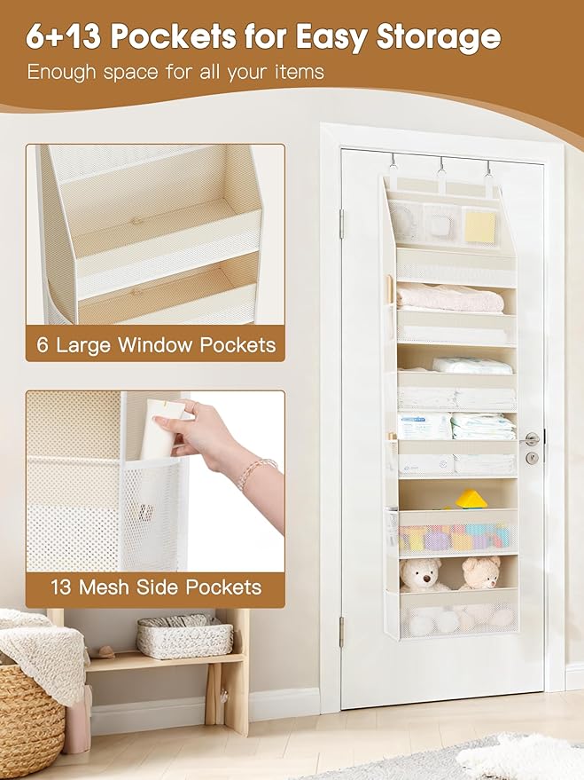 Criusia 2 Pack Over the Door Organizer, 6-Shelf Closet Hanging Storage with 13 Mesh Pockets, 55lbs Capacity Behind the Door Storage for Baby Nursery, Bathroom, Bedroom, and Dorm, Beige