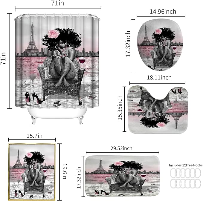 5Pcs Black Girly Bathroom Sets with Rugs and Wall Painting, Pink and Black African American Shower Curtain Set with Rugs, Parisian-Style Modern Wall Decor, Bathroom Shower Curtain and Rug Set