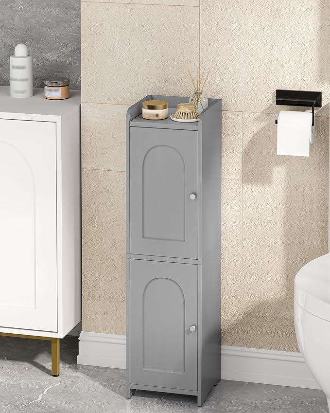 Hzuaneri Bathroom Storage Cabinet, Small Corner Floor Cabinet with 2 Doors and Adjustable Shelf, Narrow Toilet Paper Cabinets, Bathroom Organizer for Small Spaces, 7.9" D x 7.9" W x 29.5" H Gray