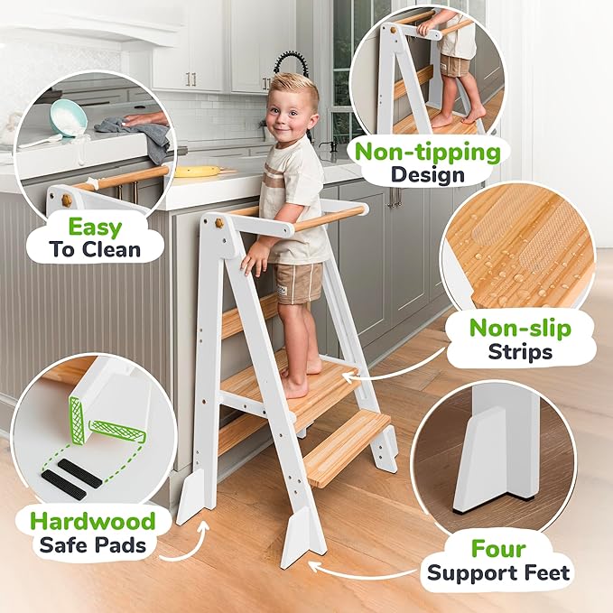 OCODILE Adjustable Foldable Toddler Tower – Folding Tower for Kids | Montessori Toddler Kitchen Step Stool Helper for Independence - White
