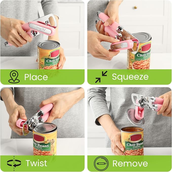 Spring Chef Stainless Steel Can Opener - Manual with Soft Grip Handles, Easy Turn, Heavy Duty Hand Can Openers for Seniors with Smooth Edge - Magnetic Lid Remover - Pink Lemonade
