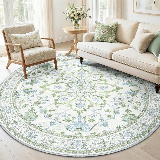 RELEANY Area Rugs Round 6ft Washable Non-Slip, Floral Vintage Distress Medallion Carpet for Living Room Bedroom Dining Room, Green White Blue