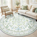 RELEANY Area Rugs Round 6ft Washable Non-Slip, Floral Vintage Distress Medallion Carpet for Living Room Bedroom Dining Room, Green White Blue